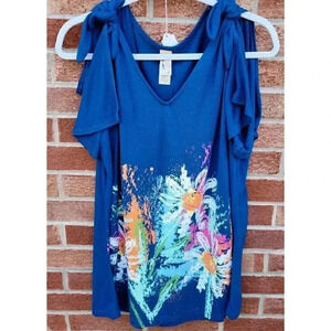 A Walk In The Park Shirt Women's Size 2X Blue Floral Tied Sleeves Tunic
